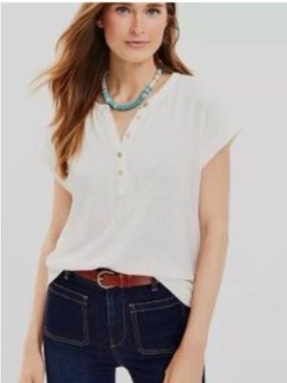 LOFT NWOT Bright White Short-Sleeve Henley Top Gold Buttons Oversized XS petite